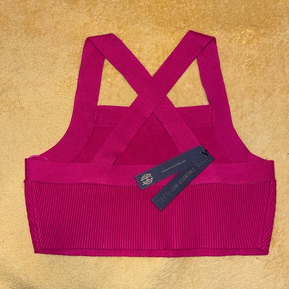 House of Harlow 1960 Woman's Criss Cross Ribbed Knit Crop Top Size L Fuchsia